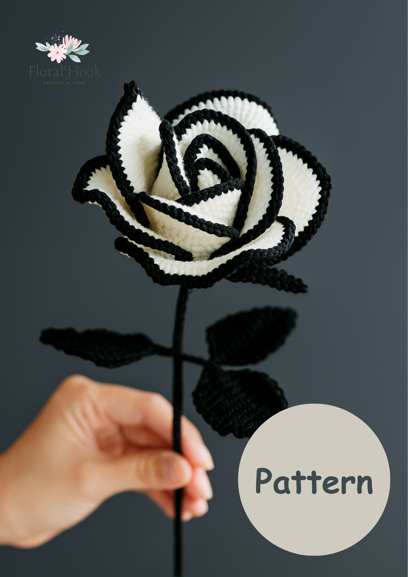PDF & Video Pattern- Crochet White and Black Rose