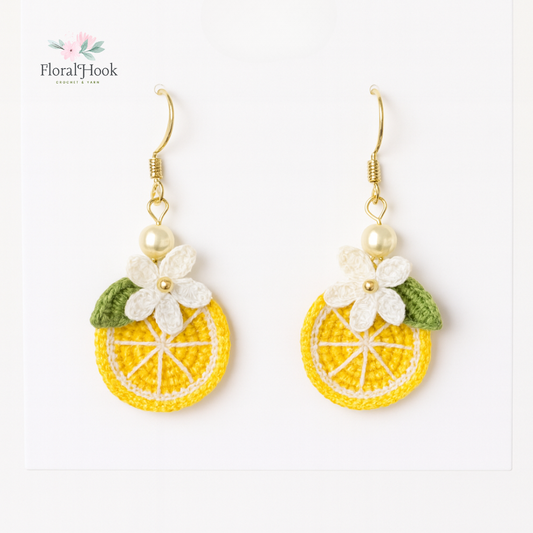 Earrings - Handmade Crochet Fruit Lemon Slide